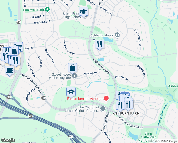 map of restaurants, bars, coffee shops, grocery stores, and more near 43200 Wintergrove Drive in Ashburn