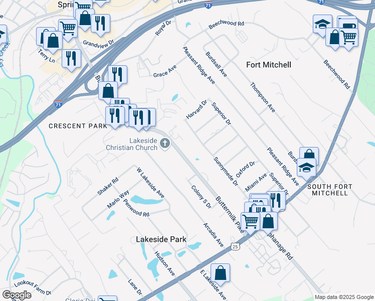 map of restaurants, bars, coffee shops, grocery stores, and more near 144 Buttermilk Pike in Lakeside Park