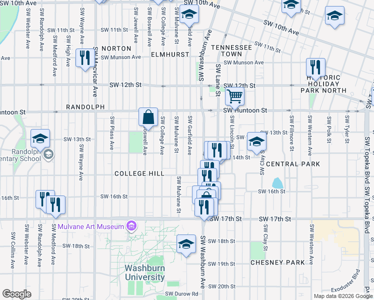 map of restaurants, bars, coffee shops, grocery stores, and more near 1306 Southwest Mulvane Street in Topeka