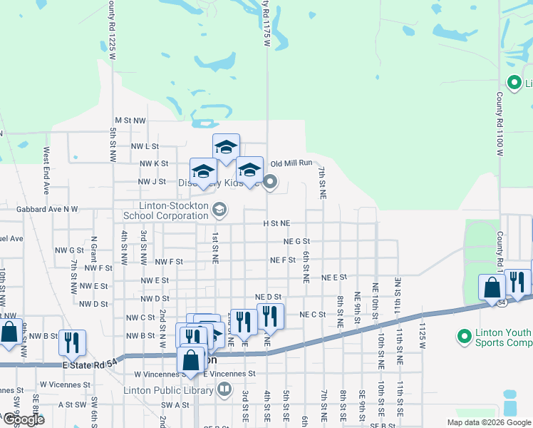 map of restaurants, bars, coffee shops, grocery stores, and more near 900 Northeast 4th Street in Linton