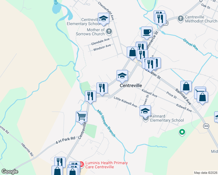 map of restaurants, bars, coffee shops, grocery stores, and more near 411 South Liberty Street in Centreville