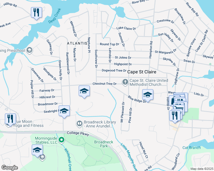 map of restaurants, bars, coffee shops, grocery stores, and more near 849 Chestnut Tree Drive in Annapolis