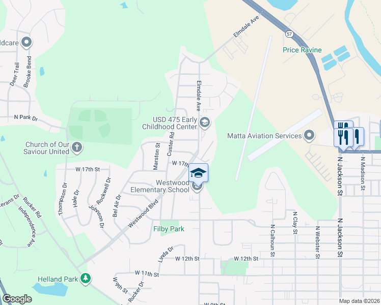 map of restaurants, bars, coffee shops, grocery stores, and more near 1216 Downtain Street in Junction City