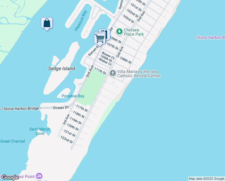 map of restaurants, bars, coffee shops, grocery stores, and more near 120 113th Street in Stone Harbor