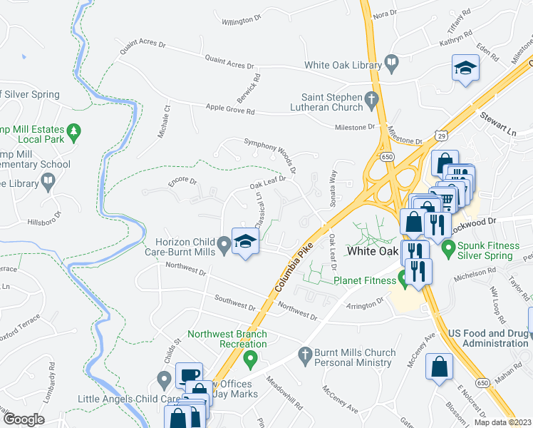 map of restaurants, bars, coffee shops, grocery stores, and more near 11413 Classical Lane in Silver Spring