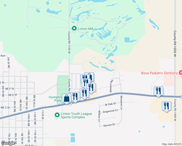 map of restaurants, bars, coffee shops, grocery stores, and more near 1620 Camelot Court in Linton