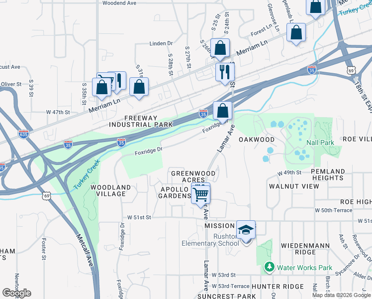map of restaurants, bars, coffee shops, grocery stores, and more near 6565 Foxridge Drive in Mission