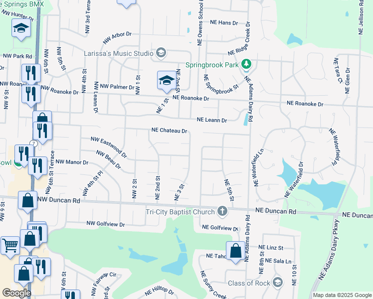 map of restaurants, bars, coffee shops, grocery stores, and more near 244 Northeast Brooklyn Court in Blue Springs