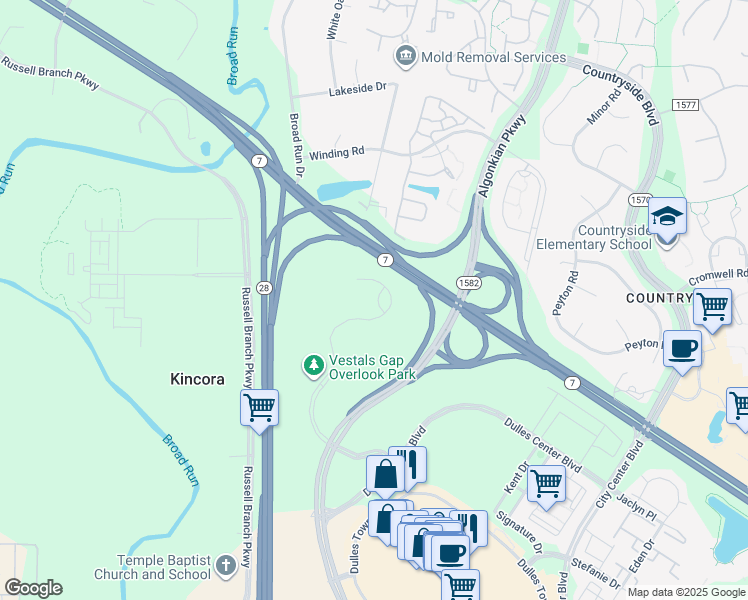map of restaurants, bars, coffee shops, grocery stores, and more near 20701 Cooperative Way in Sterling