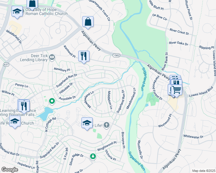 map of restaurants, bars, coffee shops, grocery stores, and more near 272 Meadowland Lane in Sterling