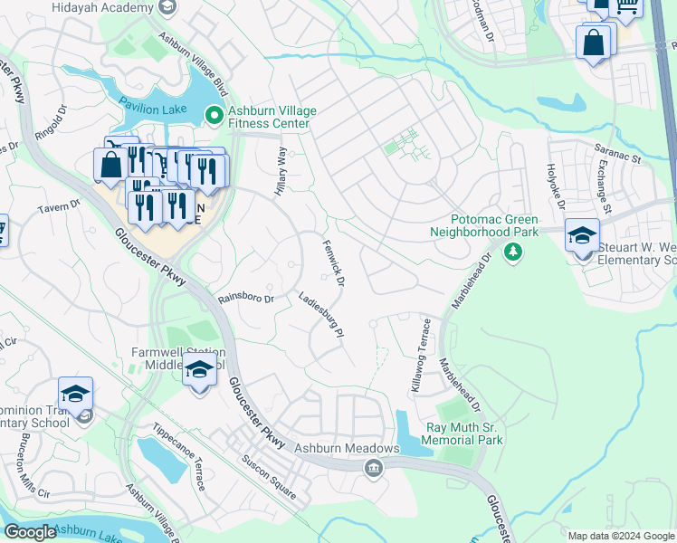 map of restaurants, bars, coffee shops, grocery stores, and more near 20812 Fenwick Drive in Ashburn