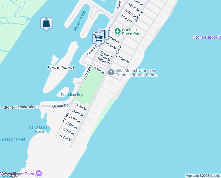 map of restaurants, bars, coffee shops, grocery stores, and more near 120 113th Street in Stone Harbor