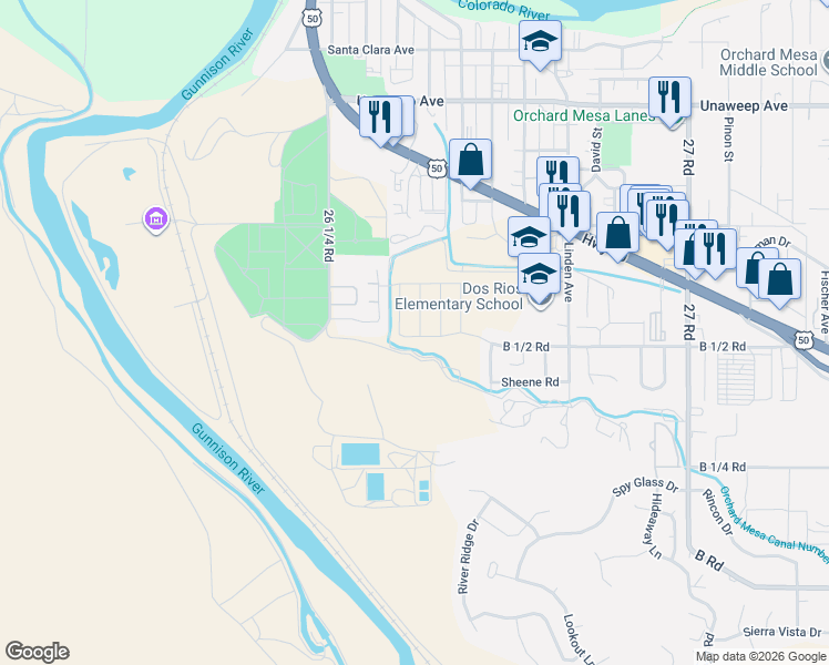 map of restaurants, bars, coffee shops, grocery stores, and more near 266 Gettysburg Street in Grand Junction