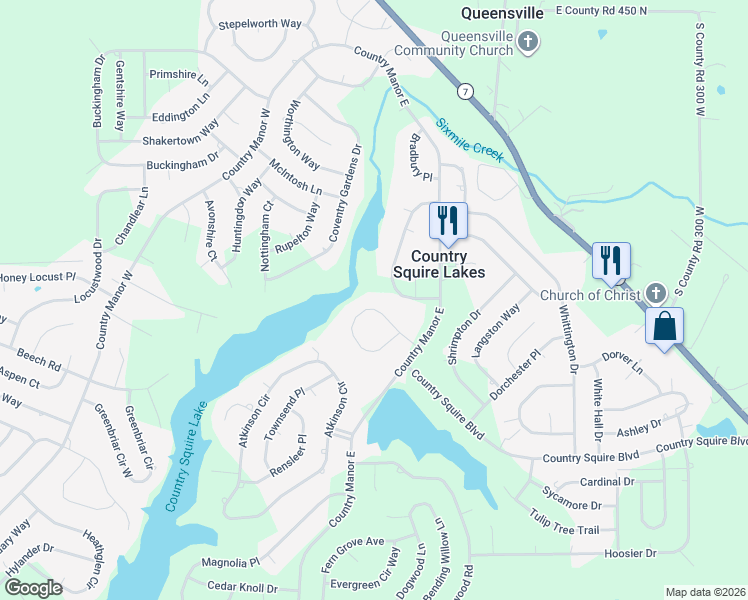 map of restaurants, bars, coffee shops, grocery stores, and more near 3387 Rothshire Circle in North Vernon