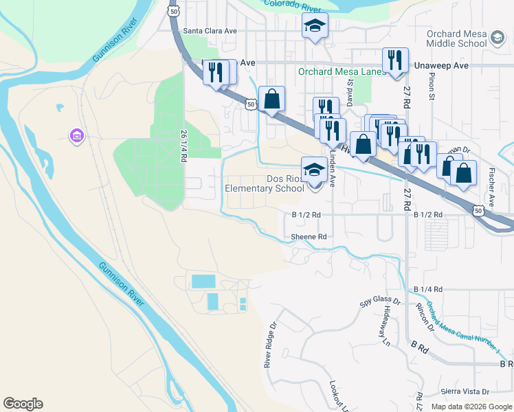 map of restaurants, bars, coffee shops, grocery stores, and more near 2652 B 1/2 Road in Grand Junction