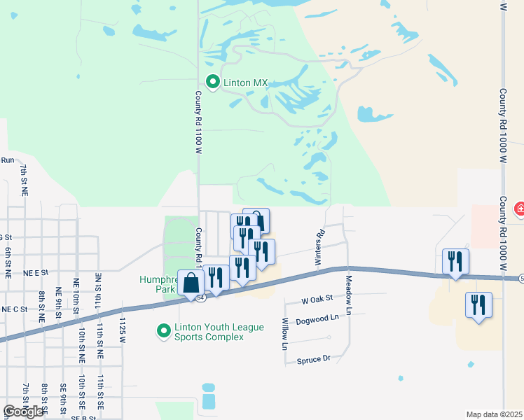 map of restaurants, bars, coffee shops, grocery stores, and more near 1620 Camelot Court in Linton