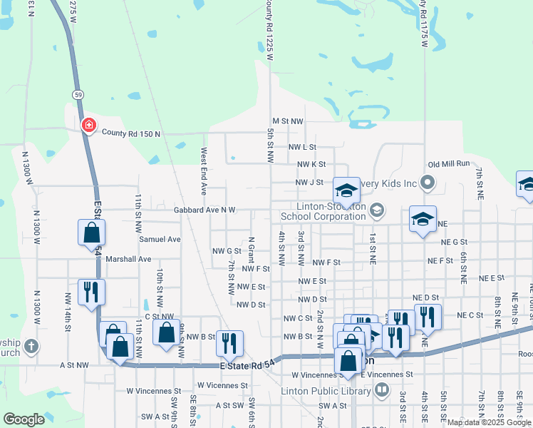 map of restaurants, bars, coffee shops, grocery stores, and more near 901-927 5th Street Northwest in Linton