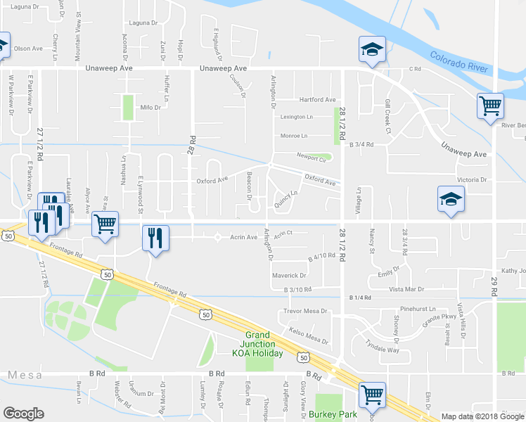 map of restaurants, bars, coffee shops, grocery stores, and more near 2819 Arlington Villa Drive in Grand Junction
