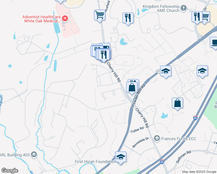 map of restaurants, bars, coffee shops, grocery stores, and more near 11342 Cherry Hill Road in Beltsville