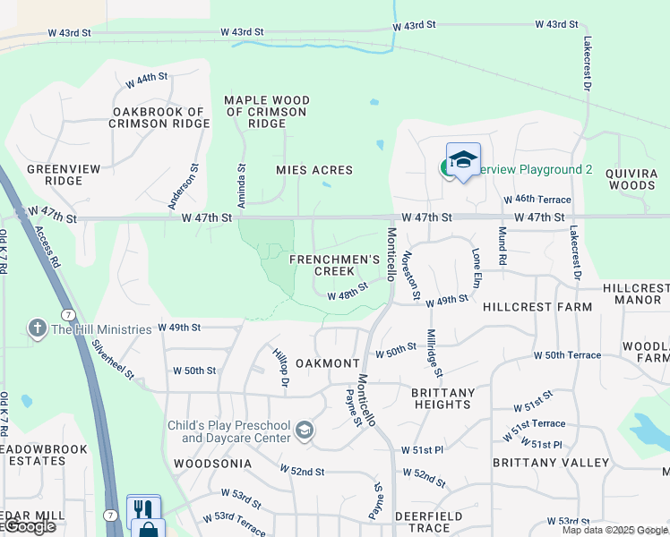 map of restaurants, bars, coffee shops, grocery stores, and more near 4736 Roundtree Street in Shawnee