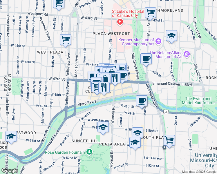 map of restaurants, bars, coffee shops, grocery stores, and more near 424 Nichols Road in Kansas City