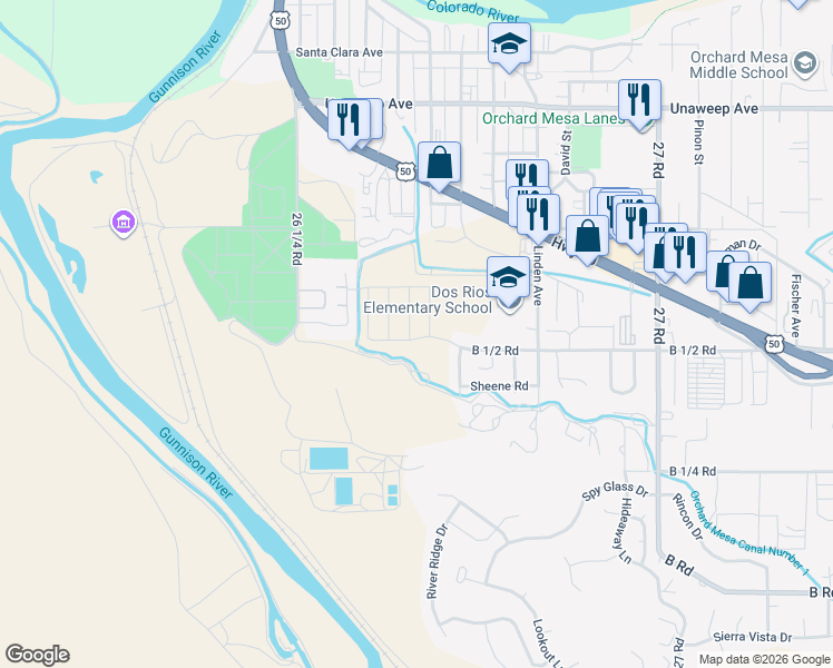 map of restaurants, bars, coffee shops, grocery stores, and more near 2652 B 1/2 Road in Grand Junction