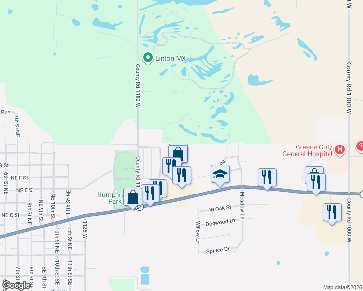 map of restaurants, bars, coffee shops, grocery stores, and more near 1620 Camelot Court in Linton