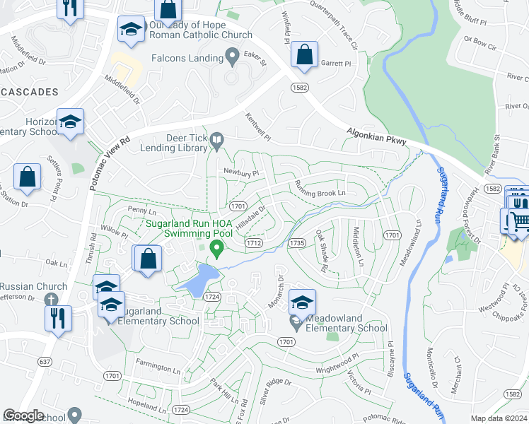 map of restaurants, bars, coffee shops, grocery stores, and more near 127 Hillsdale Drive in Sterling