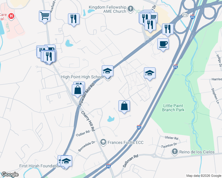 map of restaurants, bars, coffee shops, grocery stores, and more near 3601 Powder Mill Road in Beltsville