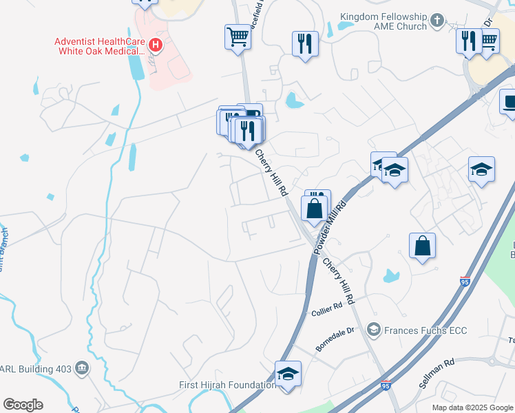 map of restaurants, bars, coffee shops, grocery stores, and more near 11342 Cherry Hill Road in Beltsville