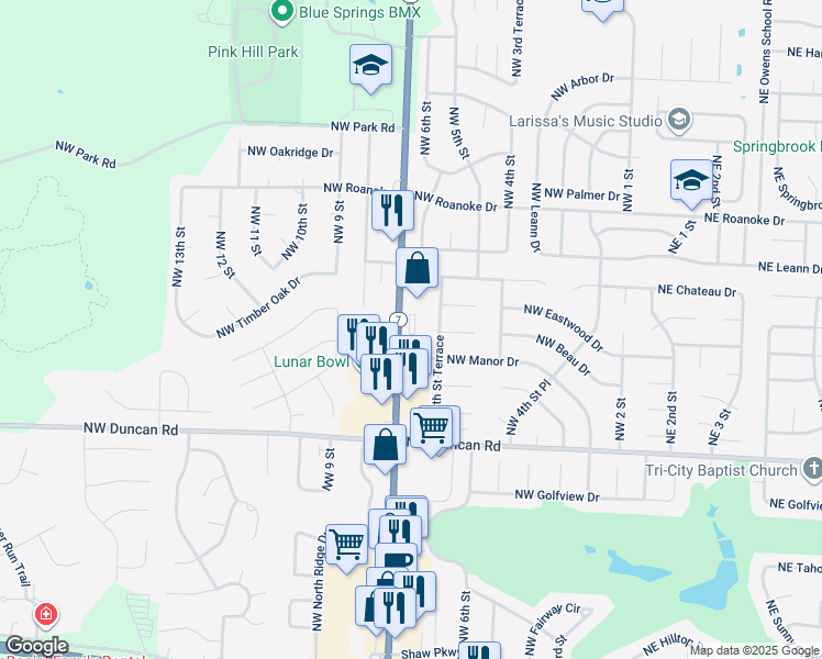 map of restaurants, bars, coffee shops, grocery stores, and more near 2134 Northwest Highway 7 in Blue Springs