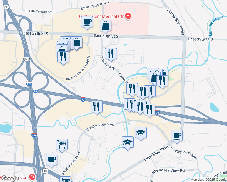 map of restaurants, bars, coffee shops, grocery stores, and more near 19401 East 40th Street Court South in Independence