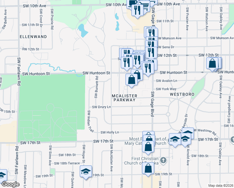 map of restaurants, bars, coffee shops, grocery stores, and more near 1403 Southwest Hillsdale Street in Topeka
