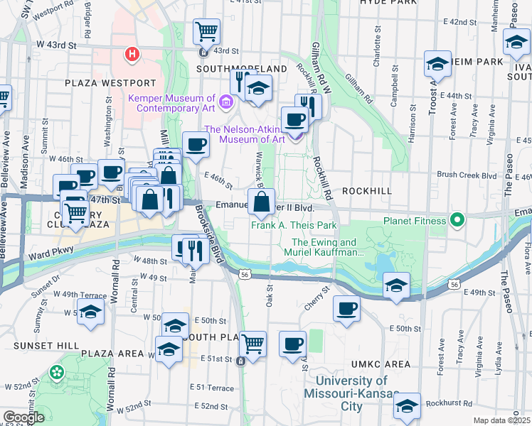map of restaurants, bars, coffee shops, grocery stores, and more near 323 Emanuel Cleaver II Boulevard in Kansas City