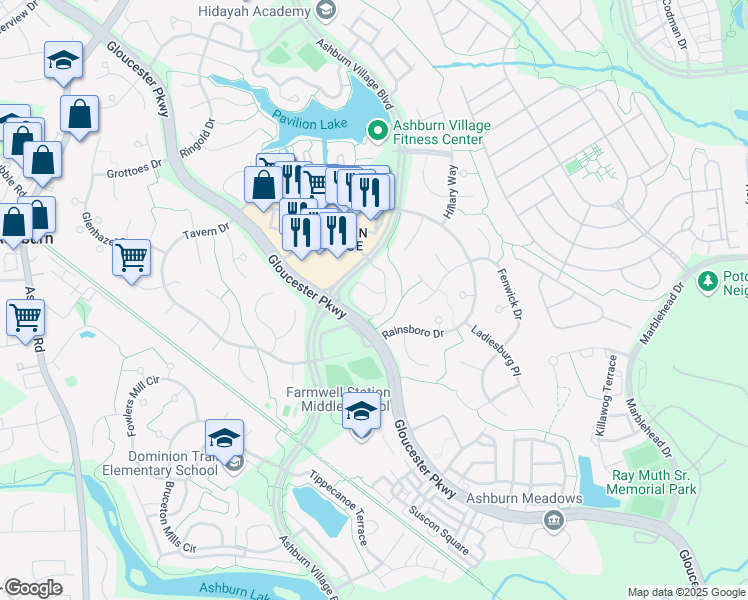 map of restaurants, bars, coffee shops, grocery stores, and more near 20865 Apollo Terrace in Ashburn