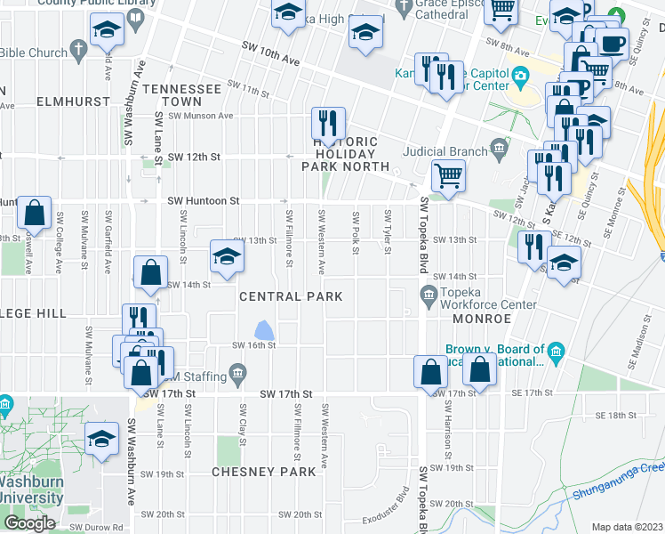 map of restaurants, bars, coffee shops, grocery stores, and more near 1324 Southwest Western Avenue in Topeka