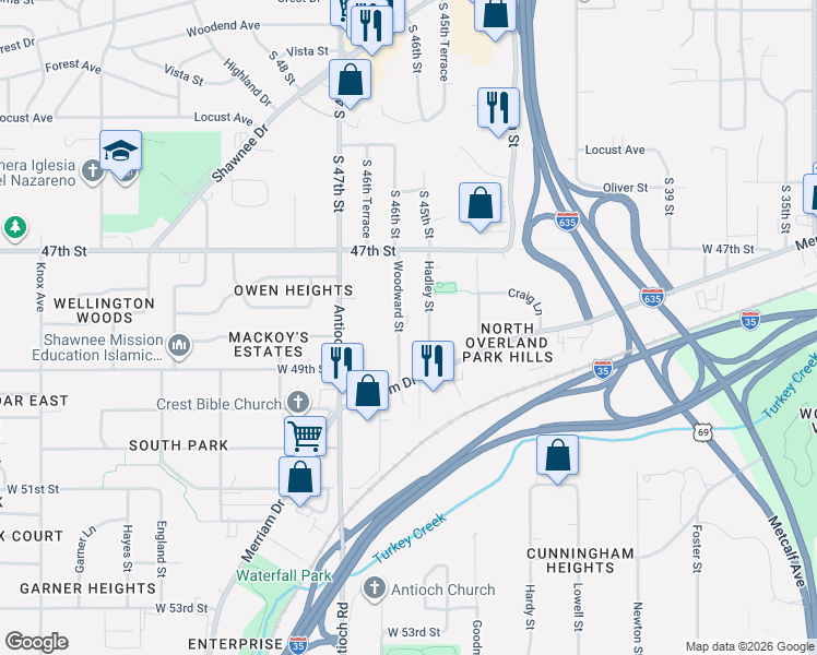 map of restaurants, bars, coffee shops, grocery stores, and more near 4804 Woodward Street in Shawnee