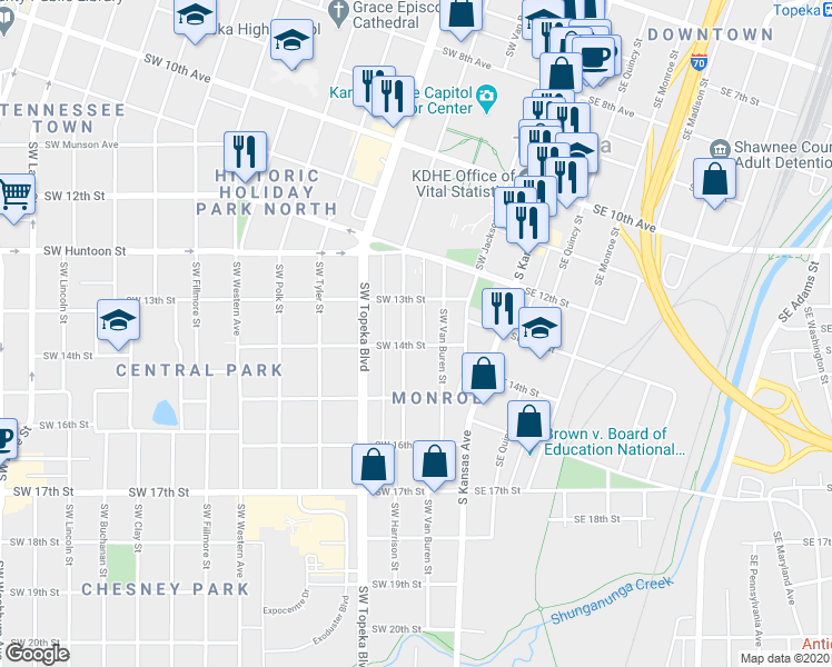 map of restaurants, bars, coffee shops, grocery stores, and more near 1322 Southwest Harrison Street in Topeka