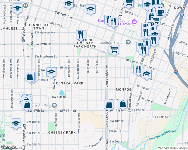 map of restaurants, bars, coffee shops, grocery stores, and more near 600 Southwest 14th Street in Topeka