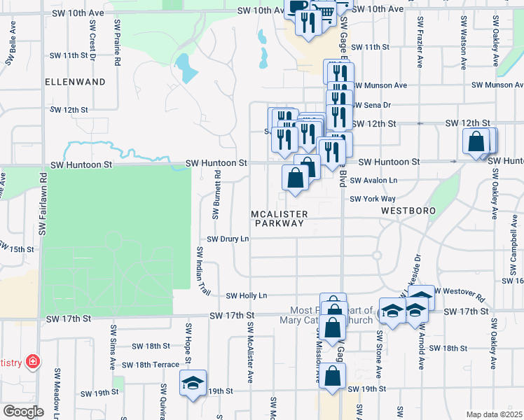 map of restaurants, bars, coffee shops, grocery stores, and more near 1404 Southwest McAlister Avenue in Topeka