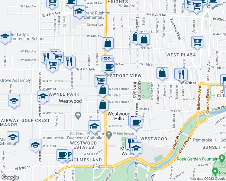 map of restaurants, bars, coffee shops, grocery stores, and more near 2201 West 47th Terrace in Westwood