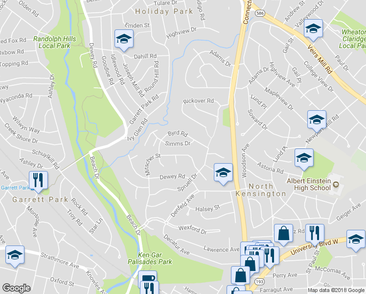 map of restaurants, bars, coffee shops, grocery stores, and more near 4010 Simms Drive in Kensington