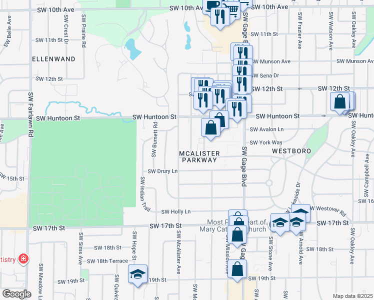 map of restaurants, bars, coffee shops, grocery stores, and more near 1401 Southwest Hillsdale Street in Topeka