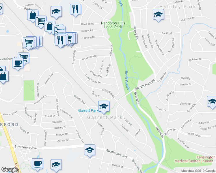 map of restaurants, bars, coffee shops, grocery stores, and more near 4610 Creek Shore Drive in Rockville