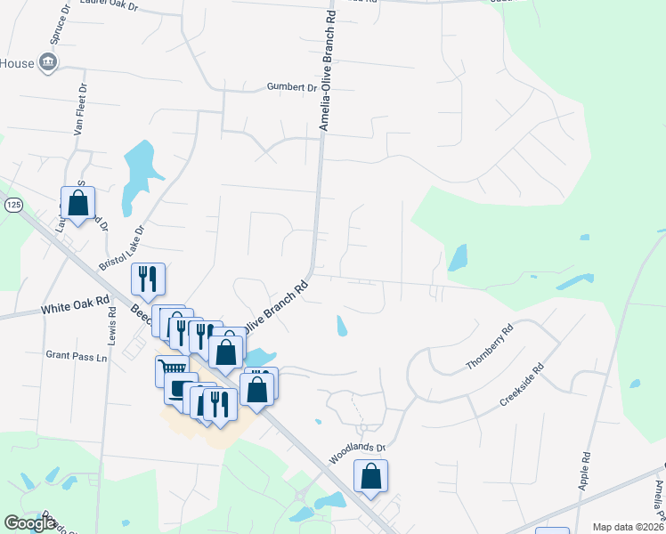 map of restaurants, bars, coffee shops, grocery stores, and more near 3722 Maplebrooke Lane in Amelia