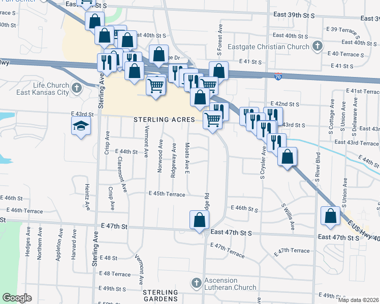 map of restaurants, bars, coffee shops, grocery stores, and more near 11911 East 44th Street in Kansas City