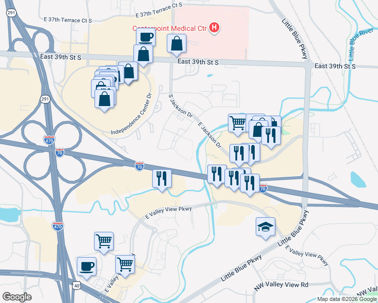 map of restaurants, bars, coffee shops, grocery stores, and more near 19401 East 40th Street Court South in Independence