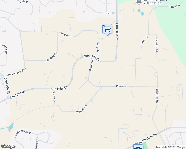 map of restaurants, bars, coffee shops, grocery stores, and more near 14475 Granby Road in Colorado Springs