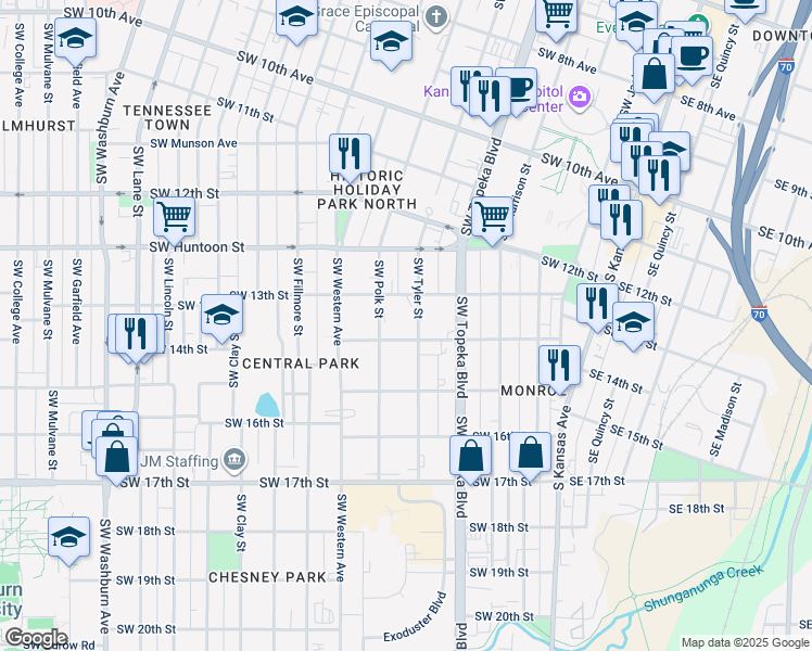 map of restaurants, bars, coffee shops, grocery stores, and more near 600 Southwest 14th Street in Topeka