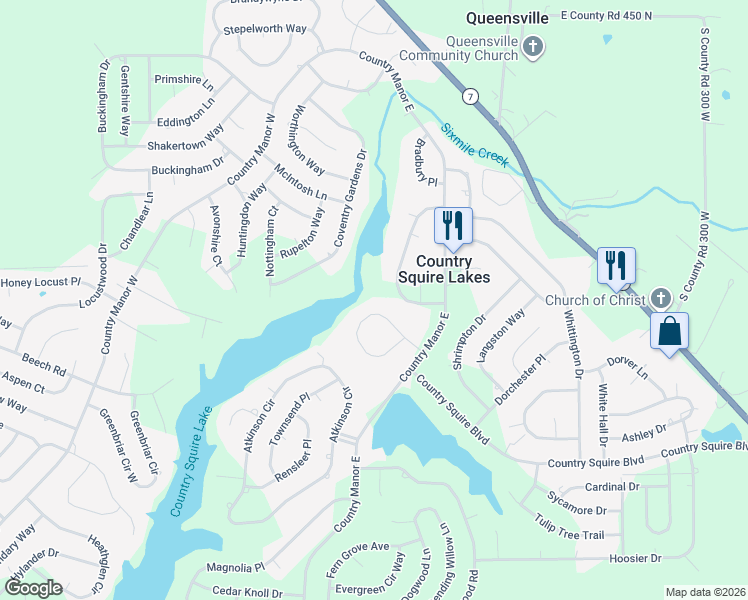 map of restaurants, bars, coffee shops, grocery stores, and more near 3387 Rothshire Circle in North Vernon